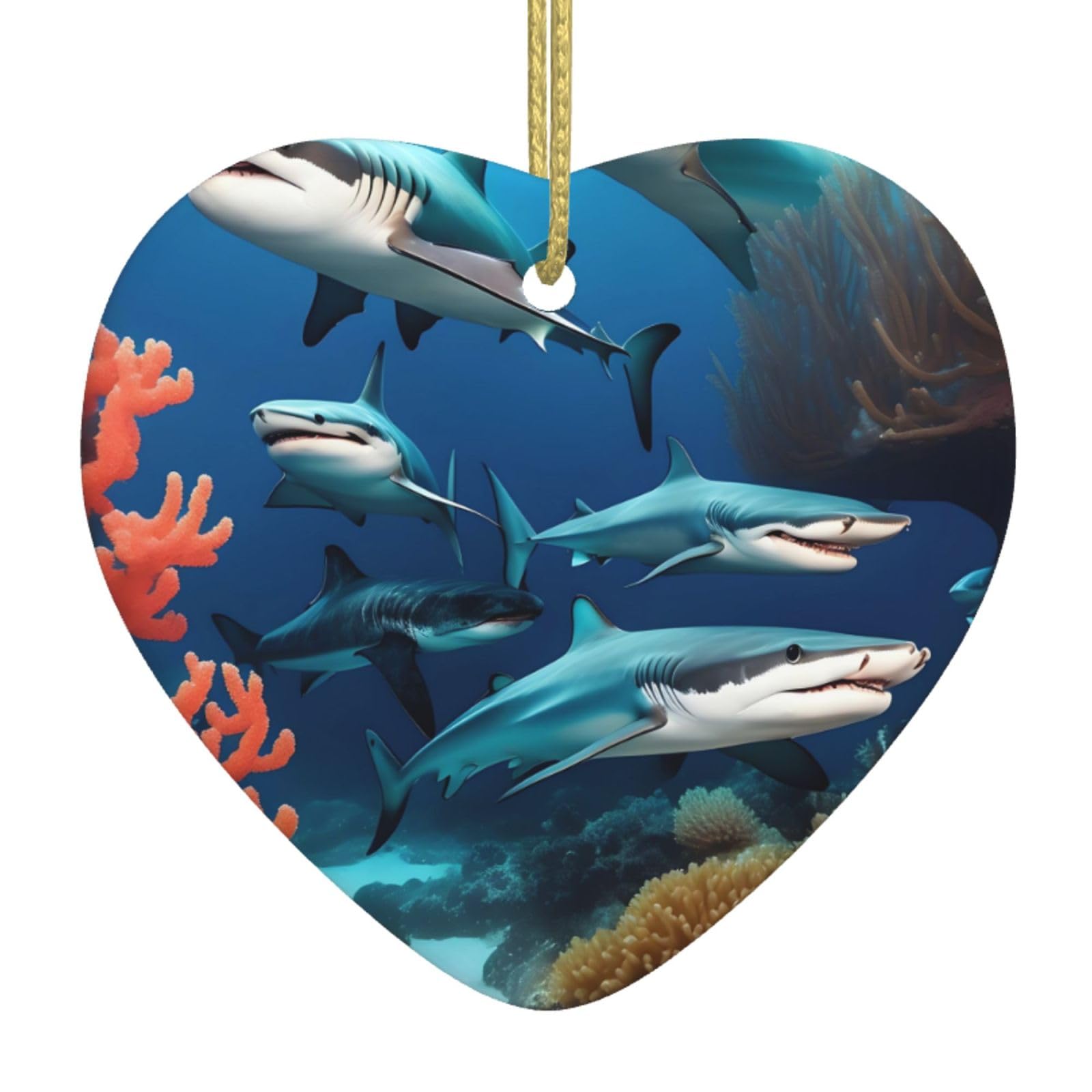 Submarine Shark Coral Ceramic Christmas Heart Pendant with Silk Thread, Christmas Tree Home Decoration