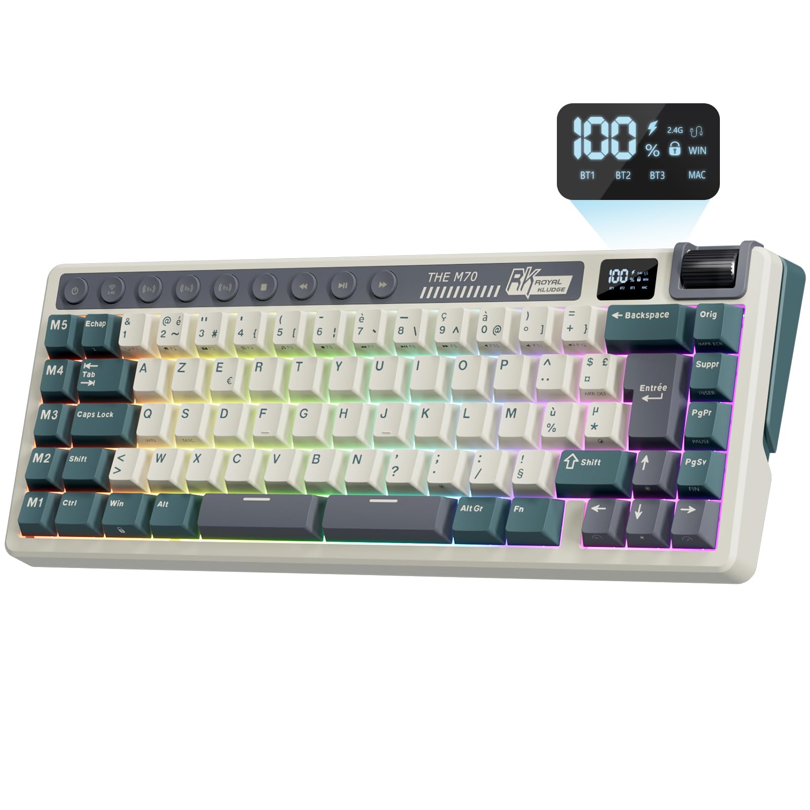 RK ROYAL KLUDGE M70 Clavier Mécanique 75% sans Fil - Triple Connexion, 5 Macros Programmables, Écran État, Molette Verticale, Switches Creamy Tactiles Hot-Swap, AZERTY Français, Batterie 6000mAh