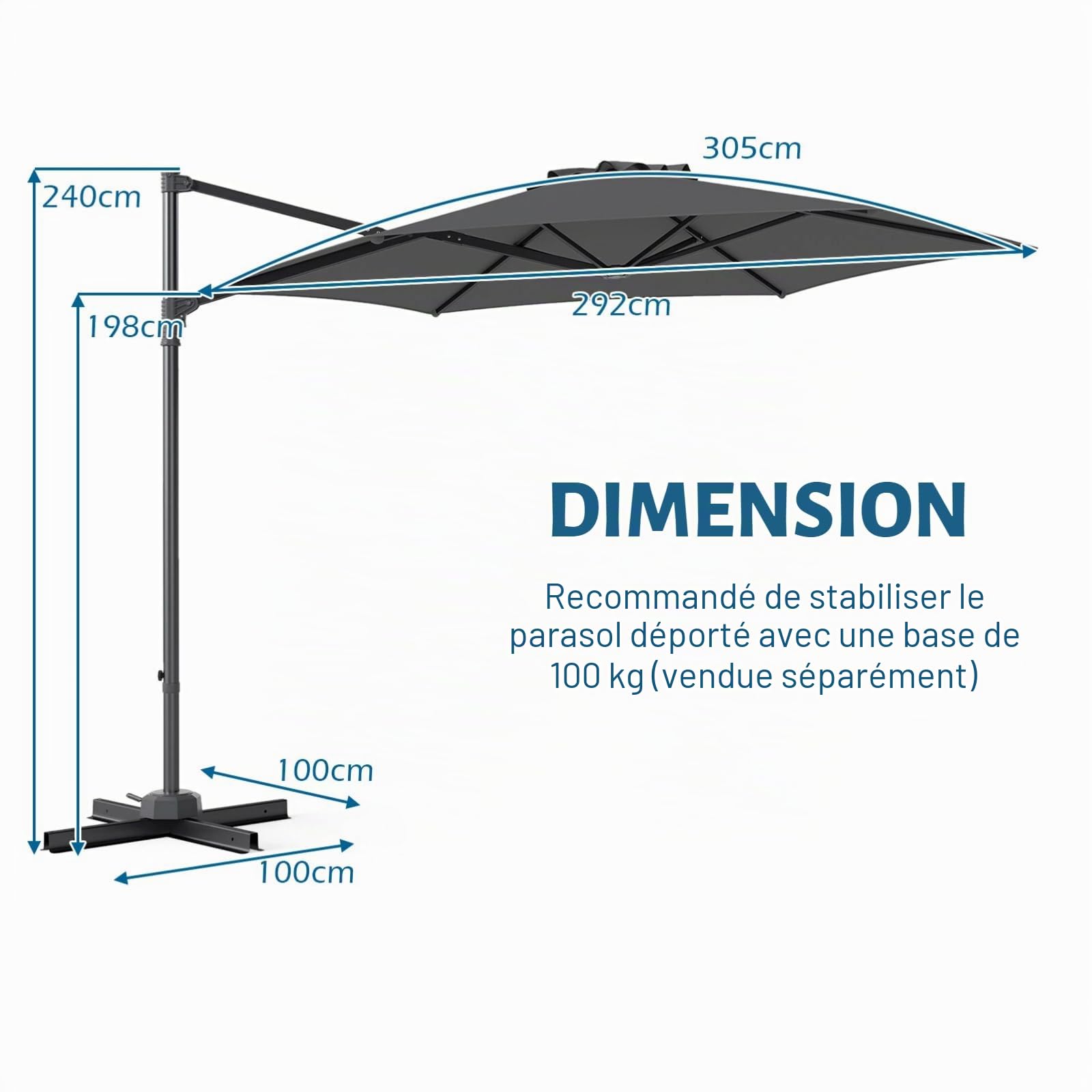 KOMFOTTEU 3M Parasol de Jardin Extérieur, Anti UV, Rotatif 360°