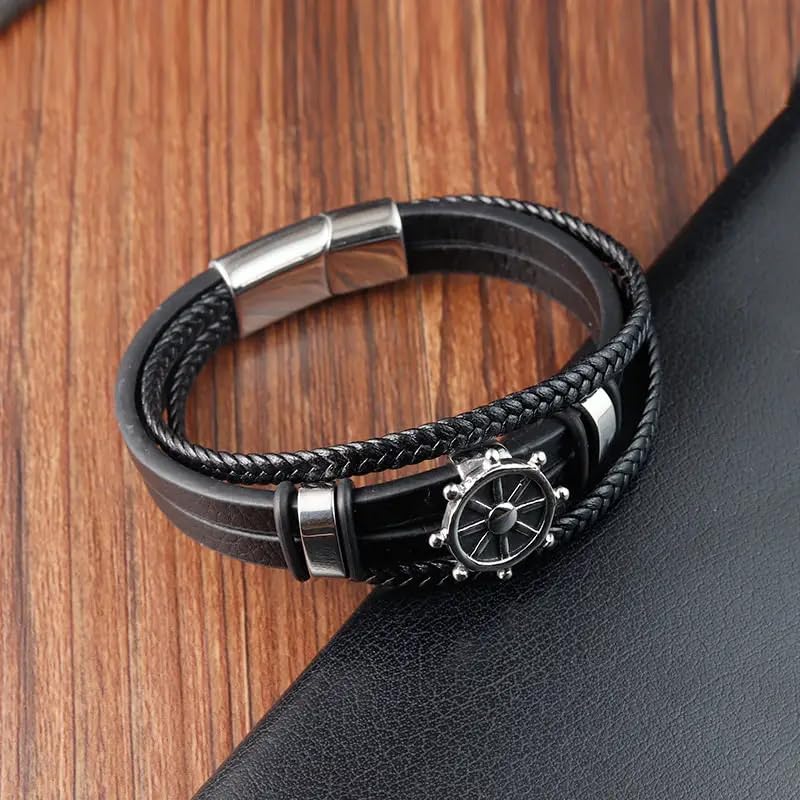 Image of THE MEN THING Leather Bracelet for Men - American Style Genuine Leather Multi-Layer Braided Bracelet with 100% Stainless Steel Magnetic Buckle for Men & Boys (8 inch)