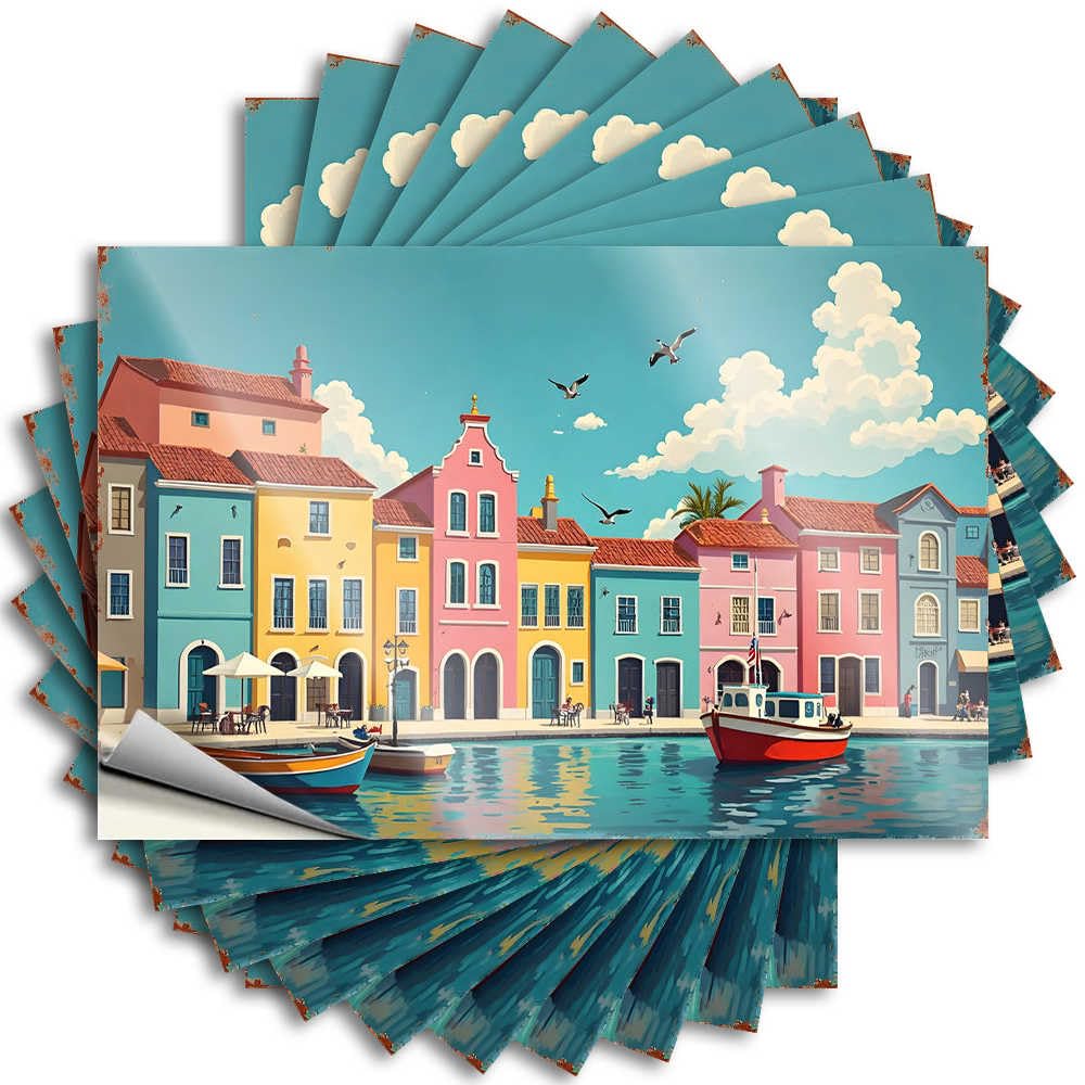 Fzfn Colour Decals - Big Helmet Colorful Coastal Town With Boats And Seagulls For Beer Farmhouse Porch Decor(8X12cm)