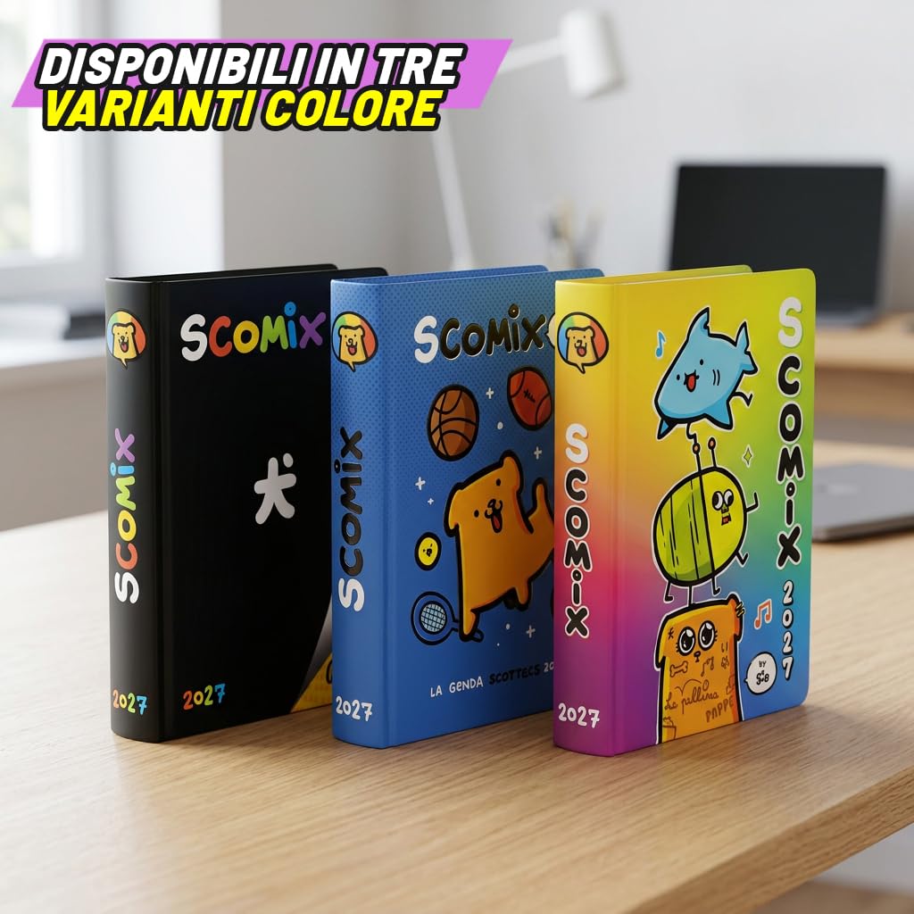 COMIX Scomix by Sio - Agenda Giornaliera 16 Mesi, Diario 2026-2027 per Scuola Elementare e Media, con Copertina Rigida e Colorata, 512 Pagine a Colori, per Bambini e Ragazzi, 12x16.5 cm