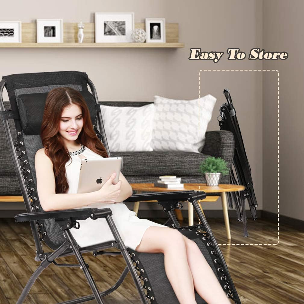 Heavy Duty Zero Gravity Lounge Chair - 350lbs Patio Recliner Pillow & Cup Holder, Adjustable Folding Outdoor Chaise for Pool, Beach, Deck (Black)