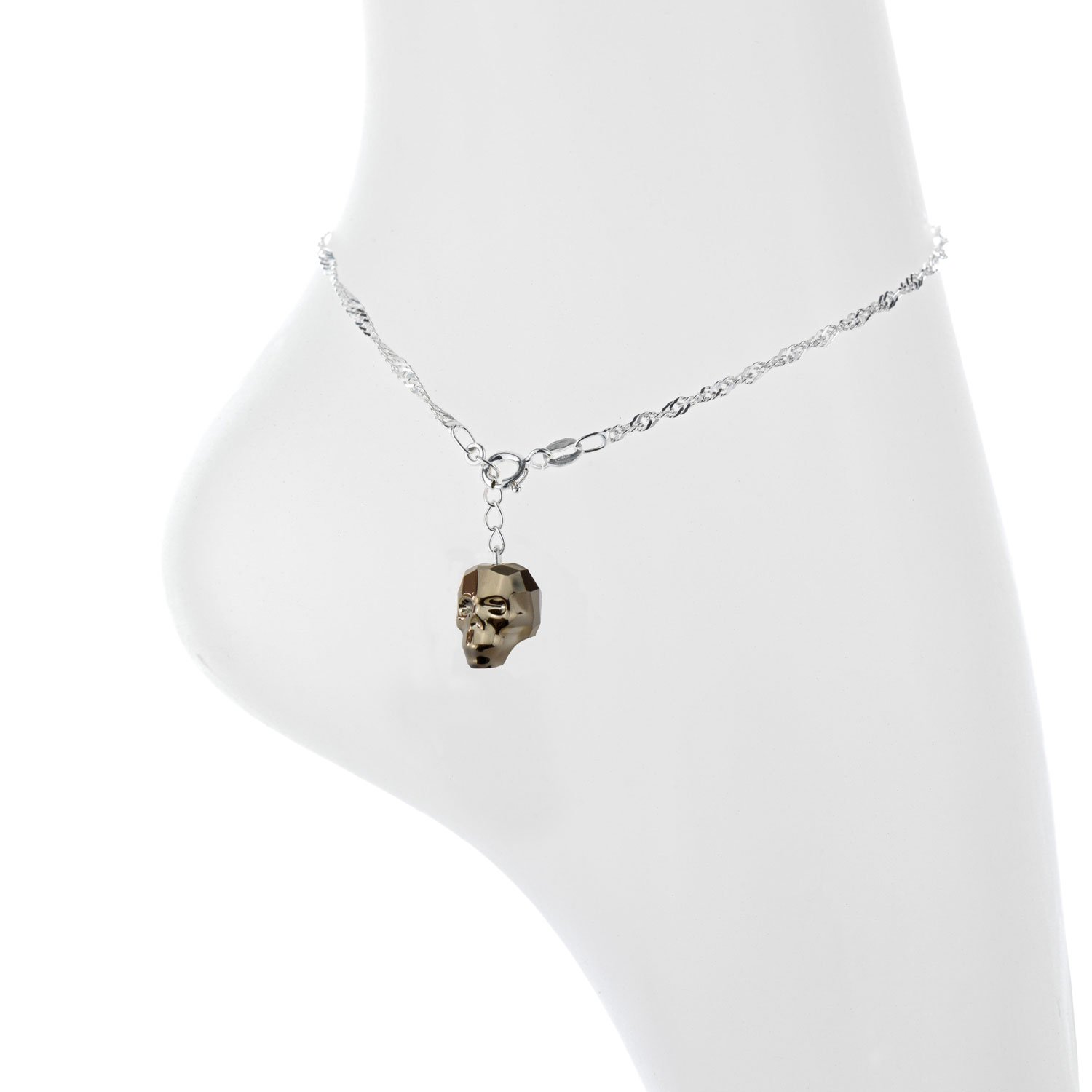 Fusskette,Fusskettchen Gotic für Damen 925 Silber mit Markenkristall aus Österreich anhänger skull totenkopf in verschiedenen farben
