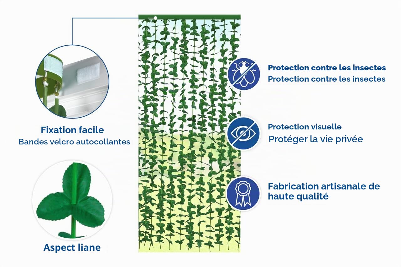 Maximex Rideau de feuilles Liane, rideau de porte/moustiquaire décoratif pour balcon, terrasse & appartement, avec pastilles auto-adhésives pour la fixation, polyester lavable, fait main, 90 x 190 cm