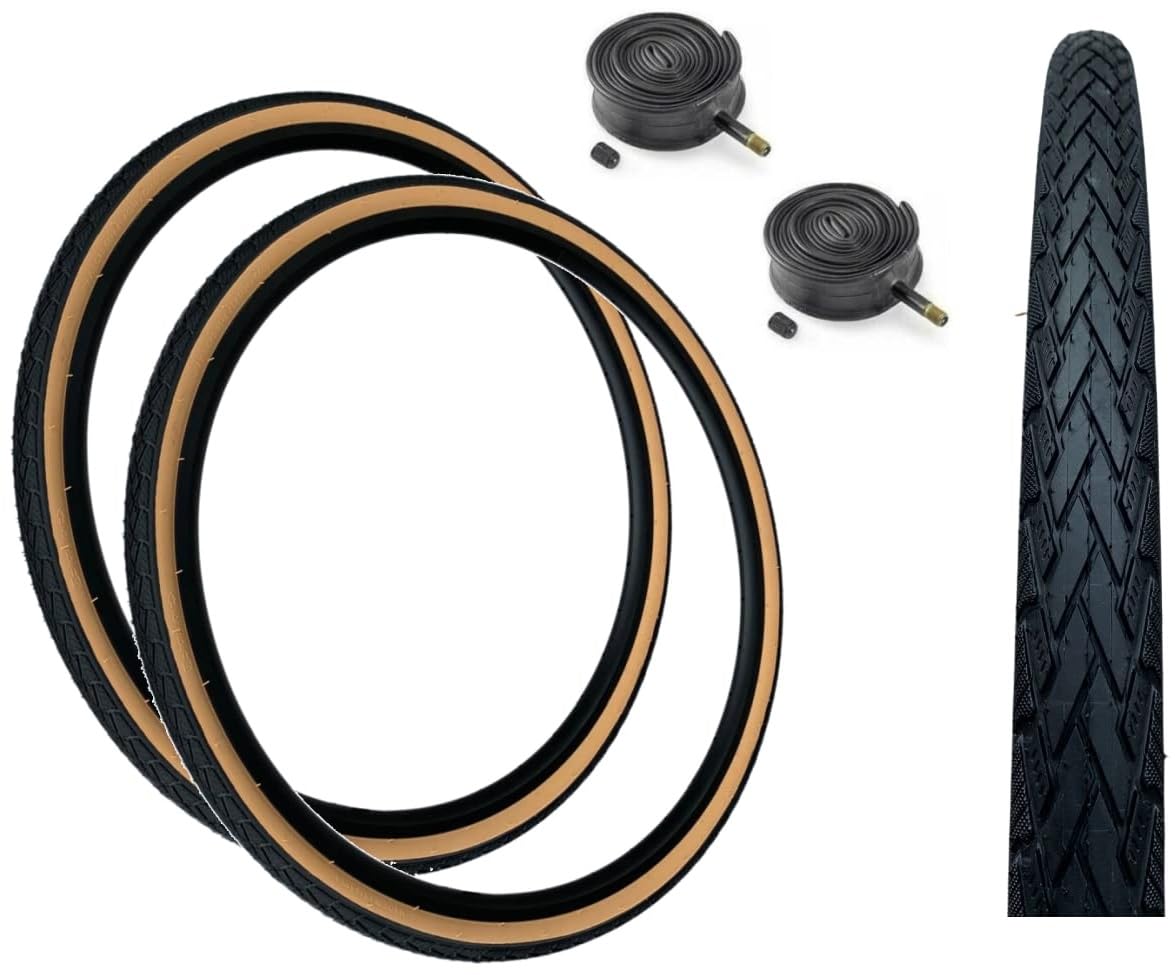 Baldys 700 x 35c Hybrid/Trekking Bike Slick Tyres BLACK/TAN & Schrader Valve Inner Tubes (Pack of 2)