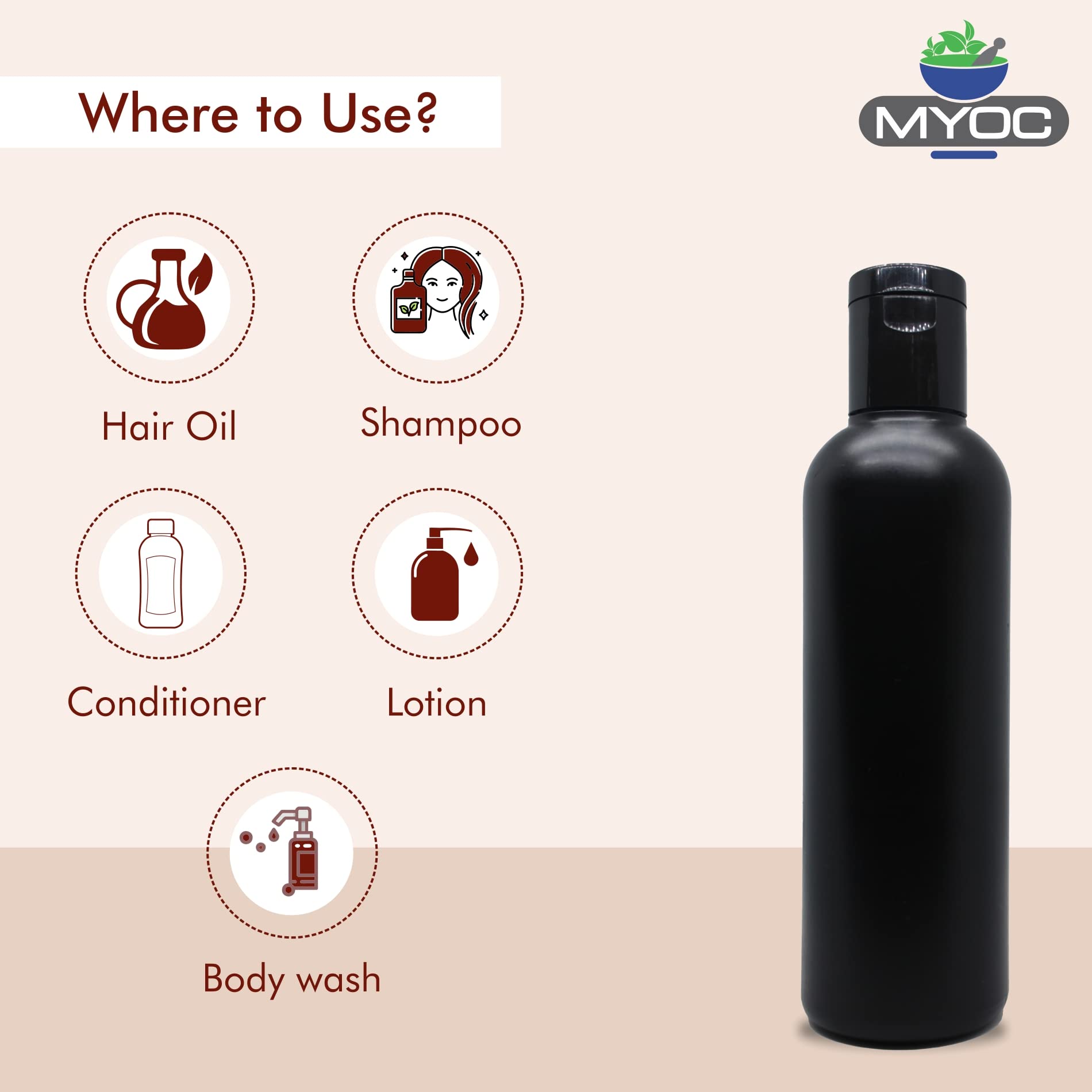 MYOC Empty Black HDPE Bottle with Disc Flip Top Cap Refillable Reusable Cosmetic Container for Lotion Shampoo Oil Toner Serum Conditioner BPA free Leakage proof - 200ml(Pack of 6) 3
