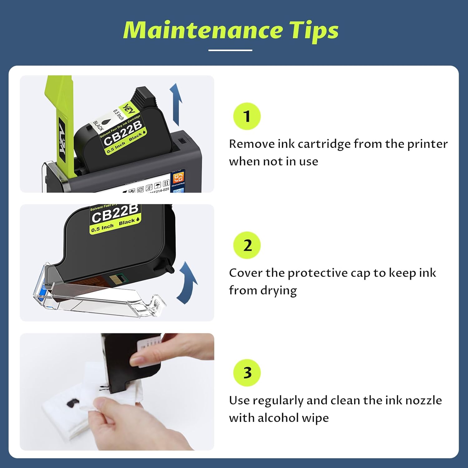 YEV Handheld Printer V127 (Blue) Bundle with 2-Pack CB22B Original Solvent Fast Dry Black Ink Cartridge use for Code Date Logo Text Printing