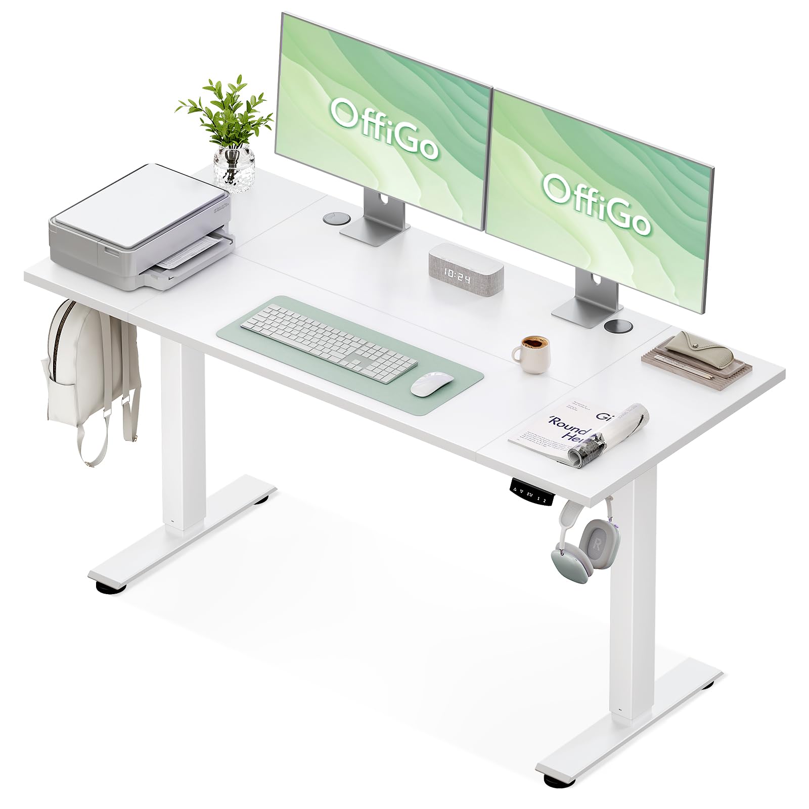 OffiGo Electric Standing Desk, 160x60cm Height Adjustable Desk with 2 Memory Presets, Quiet Sit Stand Desk for Home Office Bedroom Living Room, Ergonomic Computer Desk with Hooks & Cable Holes, White