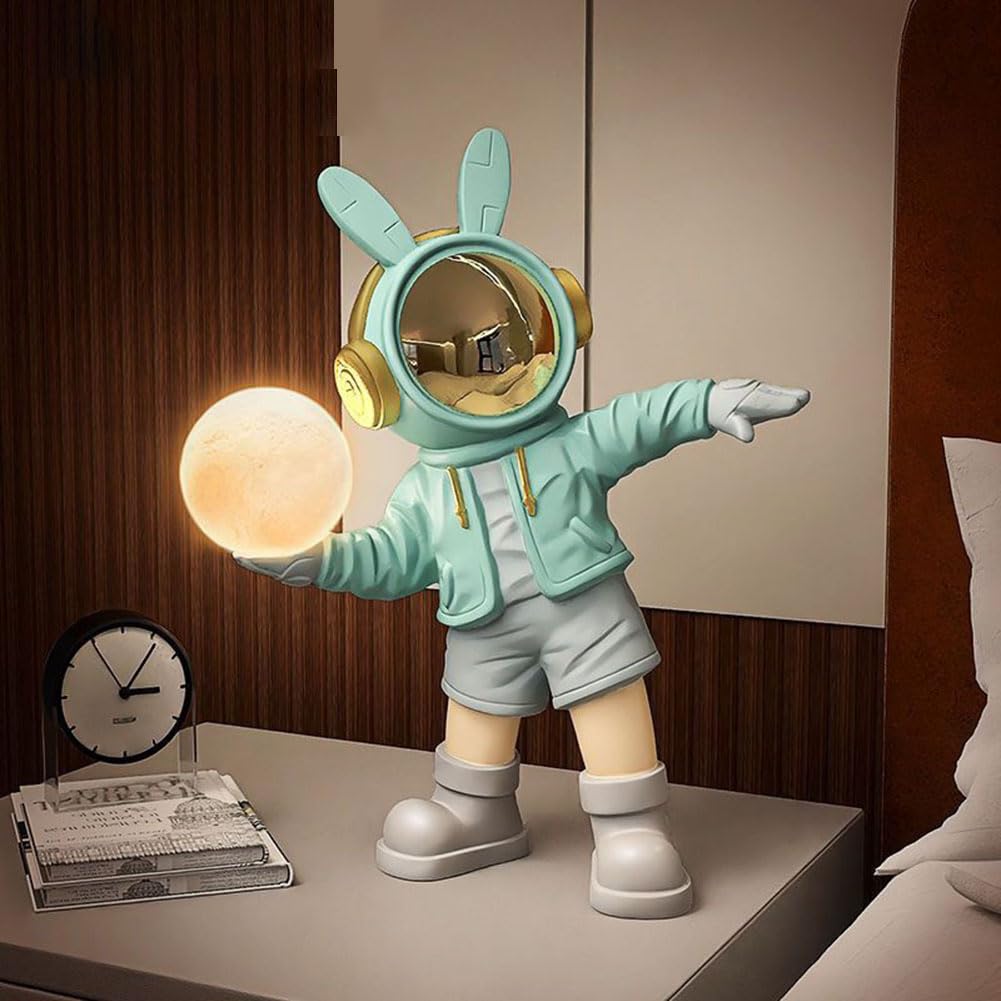 LED Astronauta Luz de Noche Lámpara de Mesa Recargable Inalámbrica, con Interruptor Luna Redonda Lámpara de Mesa Carga USB Spaceman Lámpara de Cabecera Niño Niña Lámpara Decorativa,Verde