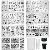 AddFavor Nail Stamper Kit 7pcs Nail Stamping Plates Flower Leaf Maple Nail Stencils with 2 Stamp and 2 Scraper for Home Salon Manicure Design Supplies Tools