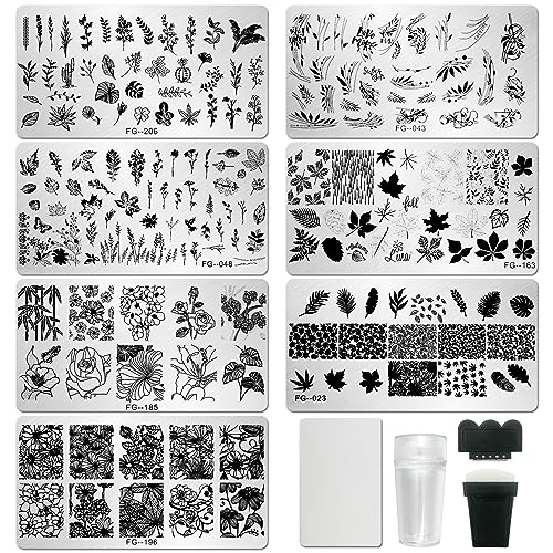 AddFavor Nail Stamper Kit 7pcs Nail Stamping Plates Flower Leaf Maple Nail Stencils with 2 Stamp and 2 Scraper for Home Salon Manicure Design Supplies Tools