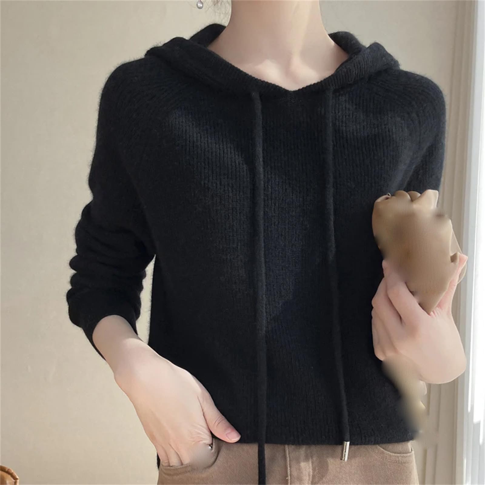 Maglione da donna in cashmere con cappuccio in maglia con cappuccio primaverile con colletto con cappuccio camicia base top allentato giacca da donna bianca, bianco, L