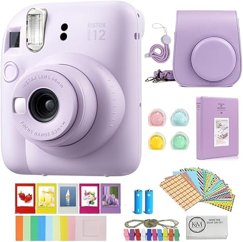 FUJIFILM INSTAX Mini 12 - Cámara de película instantánea  Blanco arcilla con paquete de accesorios Instax + paño de limpieza (8 artículos)