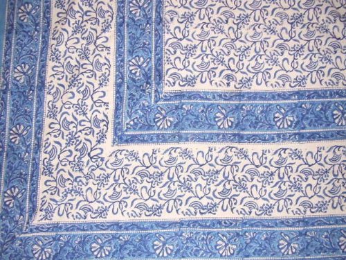 Rajasthan Block Print Tapestry Cotton Bedspread 108" X 82" Full-Queen Blue #TOP24