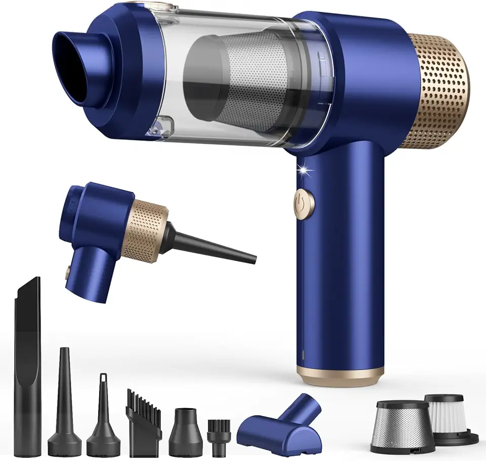 Aspirador de pó para carro, mini aspirador de pó 16000PA sem fio, potente, portátil 7 em 1, sem fio, com luz LED, filtros duplos, vazio com um toque para pelos de animais de estimação, casa