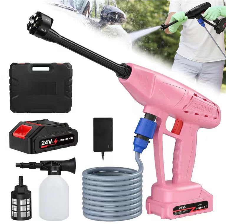 Cordless Pressure Washer with 18000 mAh Battery, 21Vh Power Washer for Car and Patio, 6 in 1 Adjustable Nozzle Powerful Washer with 5M/16.4FT Hose, 980PSI Power Washer for Cleaning Car Garden (Pink)