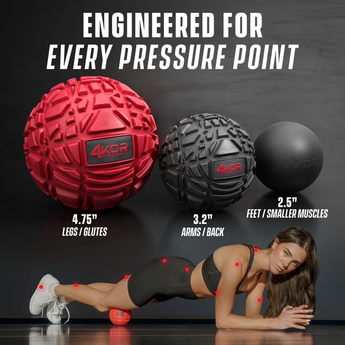 Pelotas de masaje de 4KOR Fitness para recuperación muscular de tejido profundo, perfecto para liberación miofacial, y terapia de puntos de activación, 5" and 3" Fireball, and Lacrosse ball set