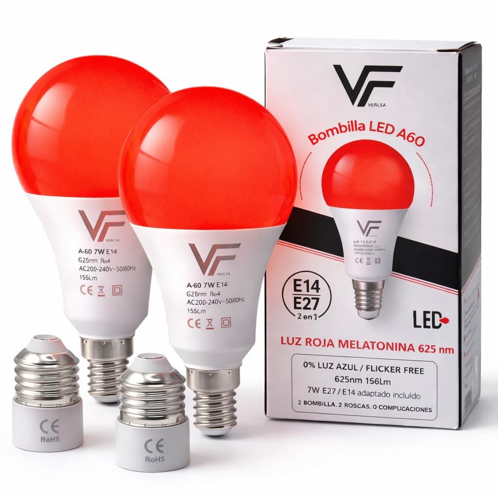 Pack2 Lampadina LED notturna, melatonina rossa 625nm, attacco E27+E14-2 in 1 - Adattatore incluso - Lampadina rossa da 7W per la terapia del sonno - 0% luce blu - Senza sfarfallio
