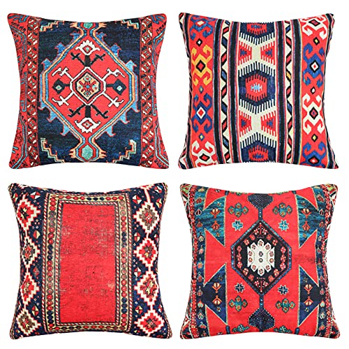 40 cm x 40 cm Housses de coussin en coton et lin Tapis Turc Imprimé Motif Oriental Taies d'oreiller Décoratives Ethnique Style pour Patio Extérieur Jardin Blench Salon Canapé Ferme ,Lot de 4 ,16x 16