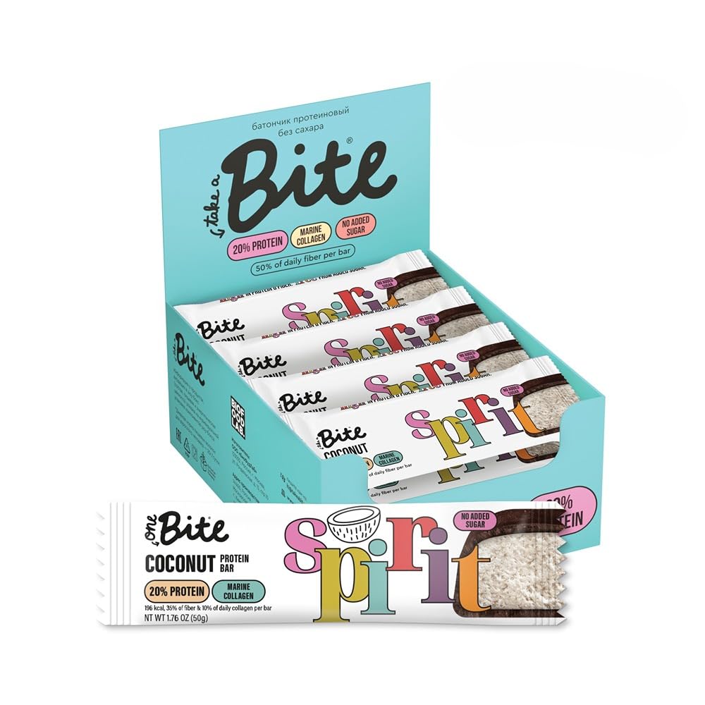 One BiteProtein & Collagen Bar | 16 X 50g | Glazed Coconut Flavor | 20% Protein | Collagen and Fiber Rich | No Added Sugar