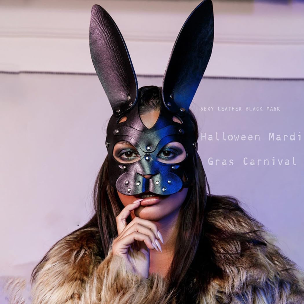 Leather Rabbit Masks Masquerade Mask for Women Bunny Masks Halloween Rabbit Face for Night Club Cocktail Cosplay Prom Rave Decorative (Black1) - Image 3