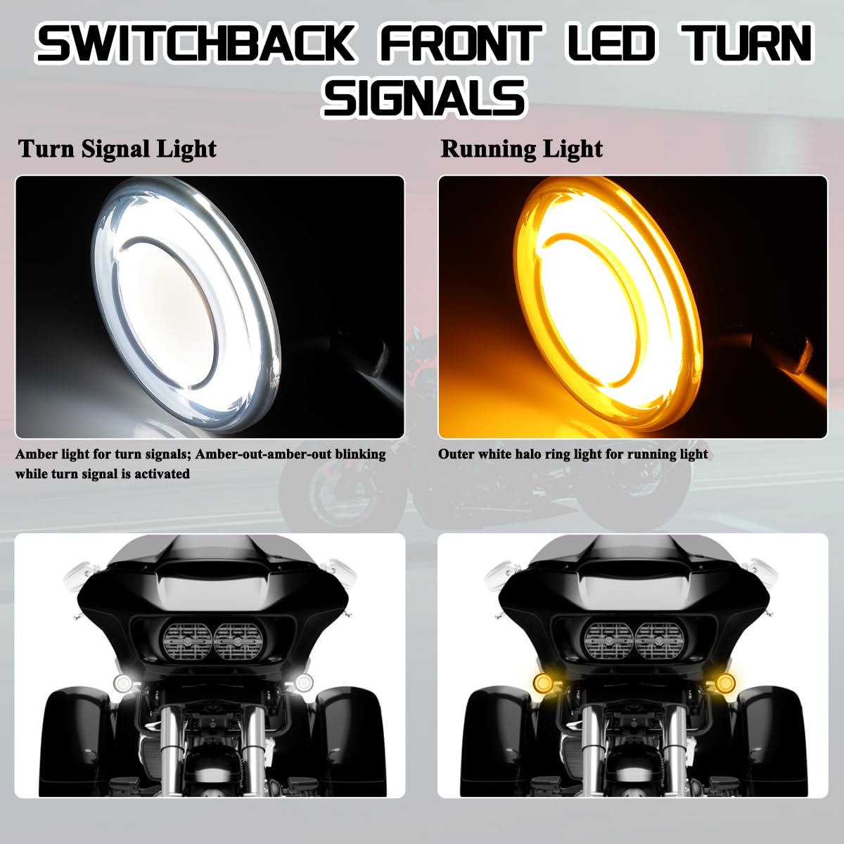 FACAILAHA Chrome Switchback Front Bullet LED Turn Signals Lights Motorcycle Running Light Amber Blinkers for Harley Road Glide Trike CVO Limited FLHTCUTG Tri Glide