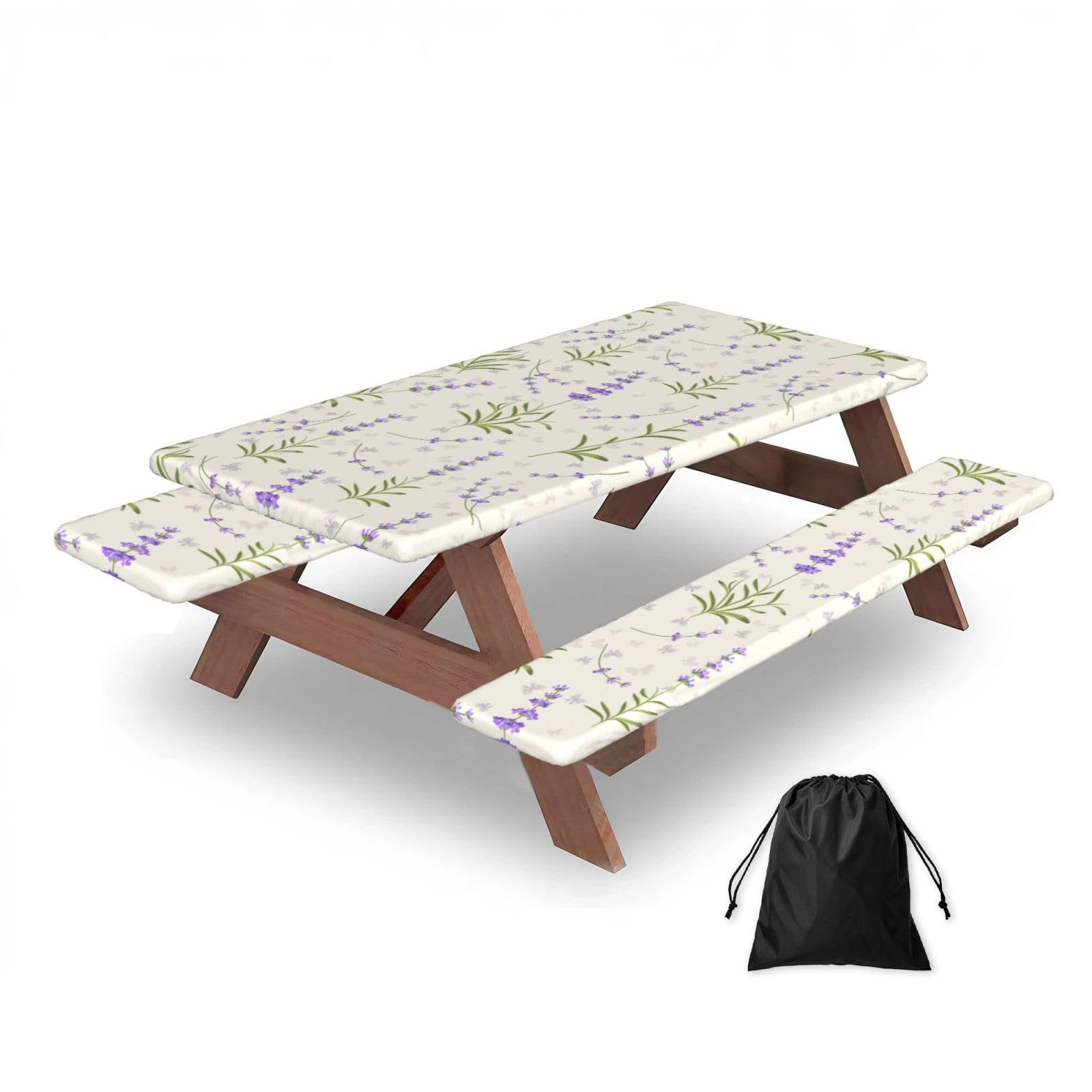 Lavender Pattern, Picnic Table Cover With Bench Covers -Waterproof Elastic Fitted Tablecloth for Garden Camping Patio 76x152cm