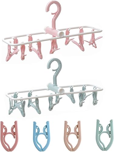 2 perchas de viaje de plástico, perchas plegables portátiles, accesorios de viaje con clips, calcetines, 12 clips, gancho giratorio de 360° para