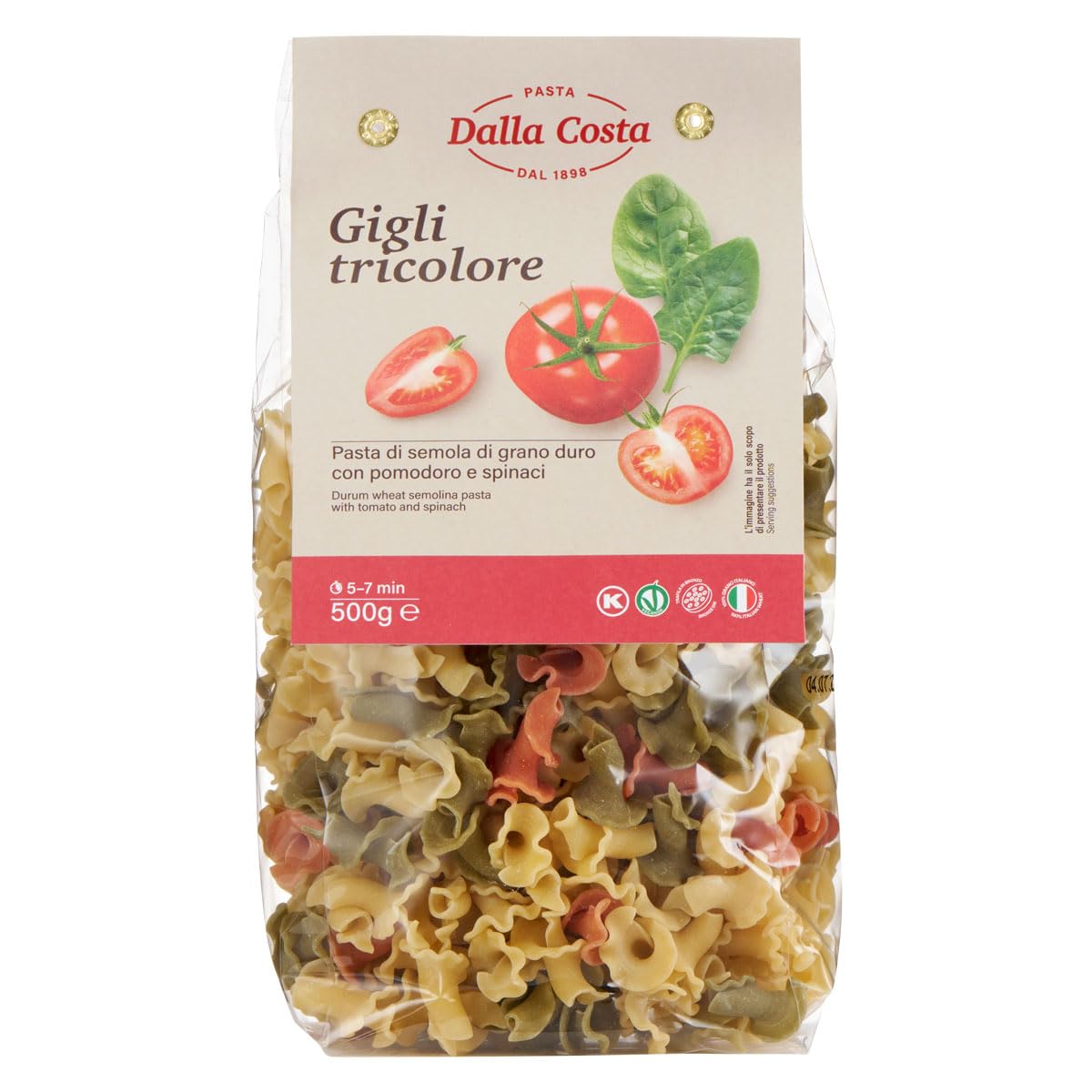 Dalla Costa Gigli Tricolores con Tomate y Espinacas. Made in Italy. Paquete Ahorro 12x500 gramos