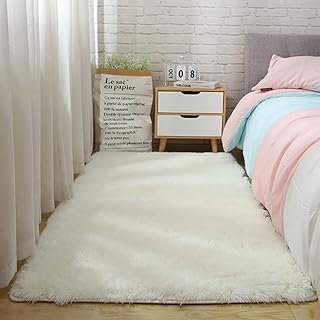 Alfombra suave y esponjosa para dormitorio y sala de estar, 20 x 63 pulgadas, alfombra peluda de felpa para niños y bebés, acogedora, color blanco, para dormitorios y salas de juegos