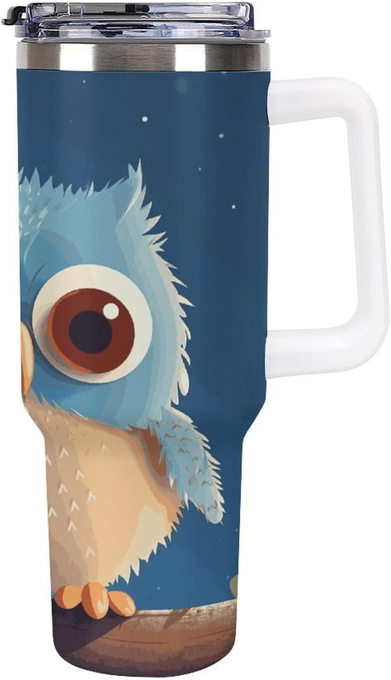 Cute Cartoon Owl Tumbler 40 Oz with Handle&Lid Large Car Cup Stainless Steel Vacuum Travel Mug Insulated Water Bottle Leak-proof Portable Coffee Cup for Home Car Outdoor