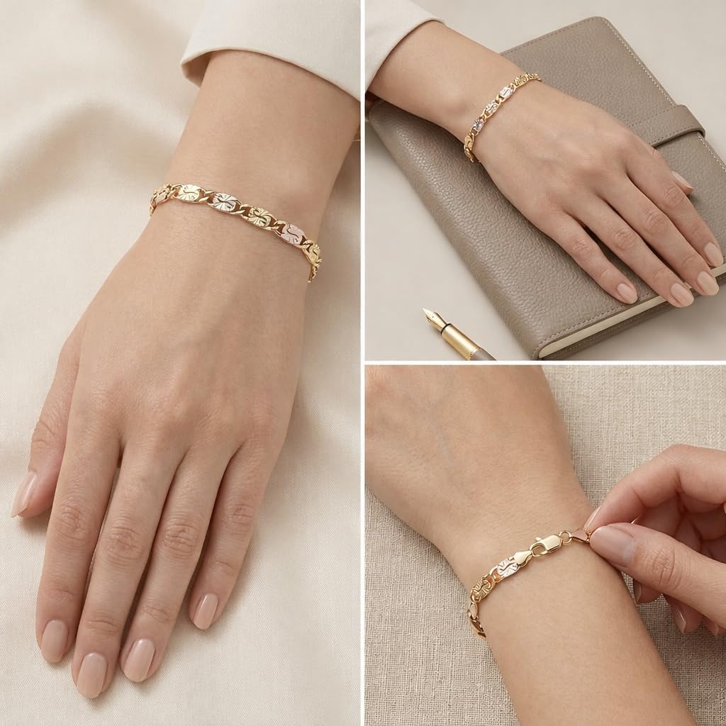 2Pack 14K Gold Tri-Color Mariner LinkBracelet for Women - Polished FloralEngraved Three Tone Gold Chain Bracelet,Dainty Jewelry Gift for Her