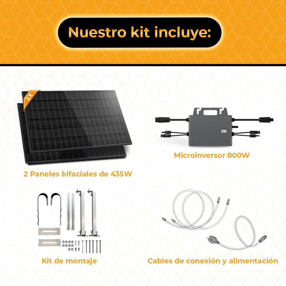 Kit Solar Balcón Svan con 2 Paneles Solares Bifaciales de 435W, Microinversor Wifi 800W, Plug & Play, Control desde APP, Protección IP68, Soporte de Montaje, Uso Exterior