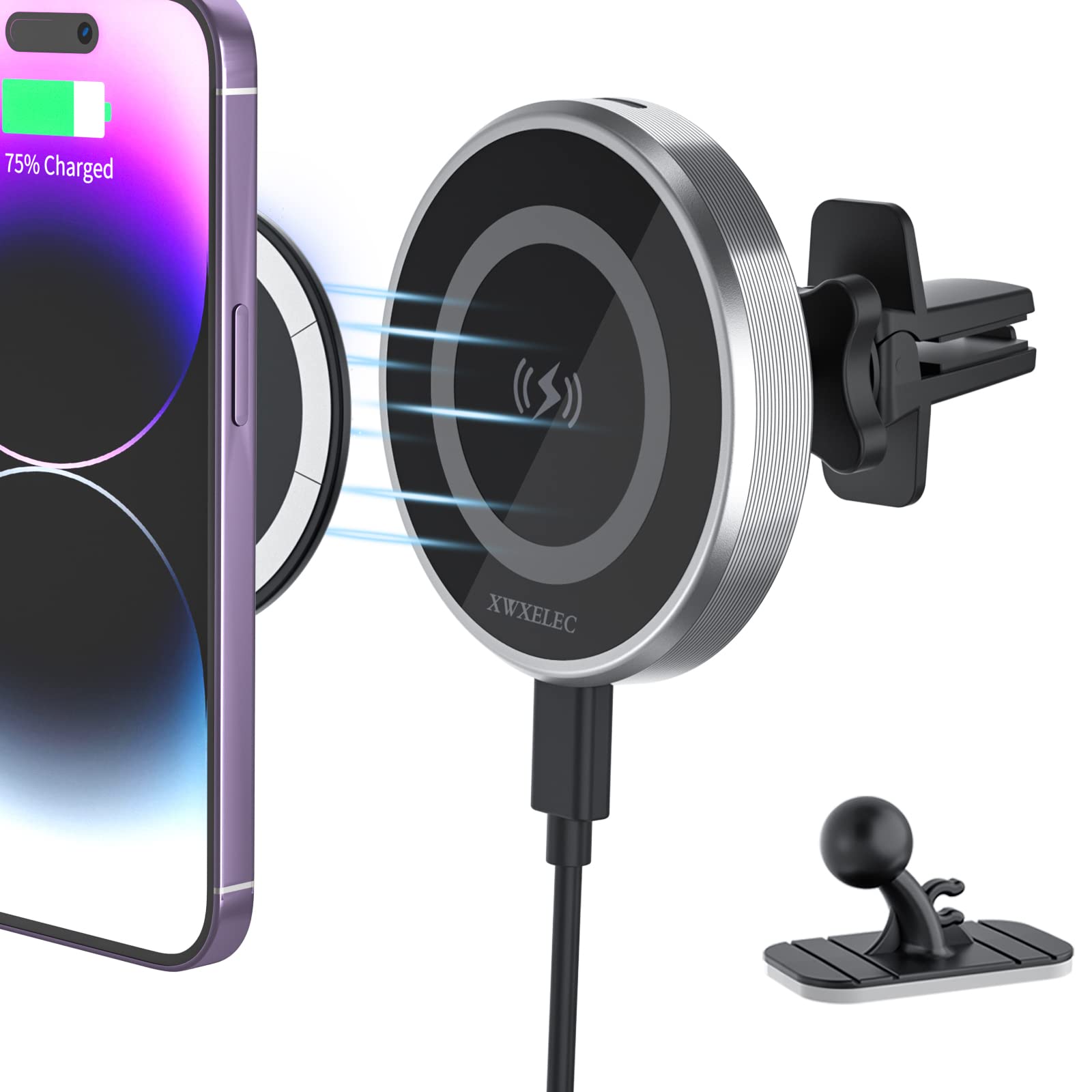 XWXELEC Magsafe Car Mount Charger, Wireless Car Charger, Car Phone Holder Mount Wireless Charging for iPhone14/ 13/12 Series 15W Fast Charging Stick on The Dashboard or Clip on Air Vent (Silver)