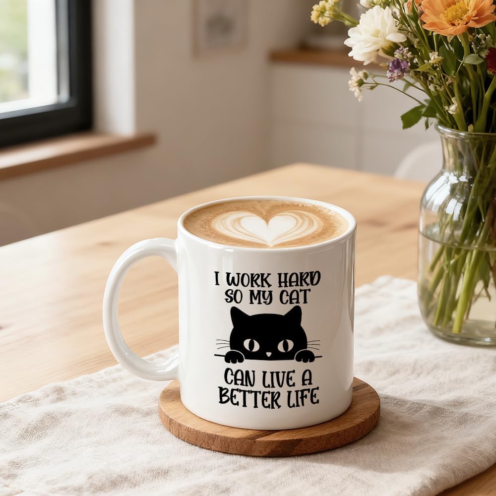 I Work Hard So My Cat Can Live A Better Life Ceramic Mug, Coffee Mug For Pet Owners, Black Cat Theme Drinking Cup for Pets Lover, Thank You Gifts For Friend Family Coworker Coffee Lover - Image 3