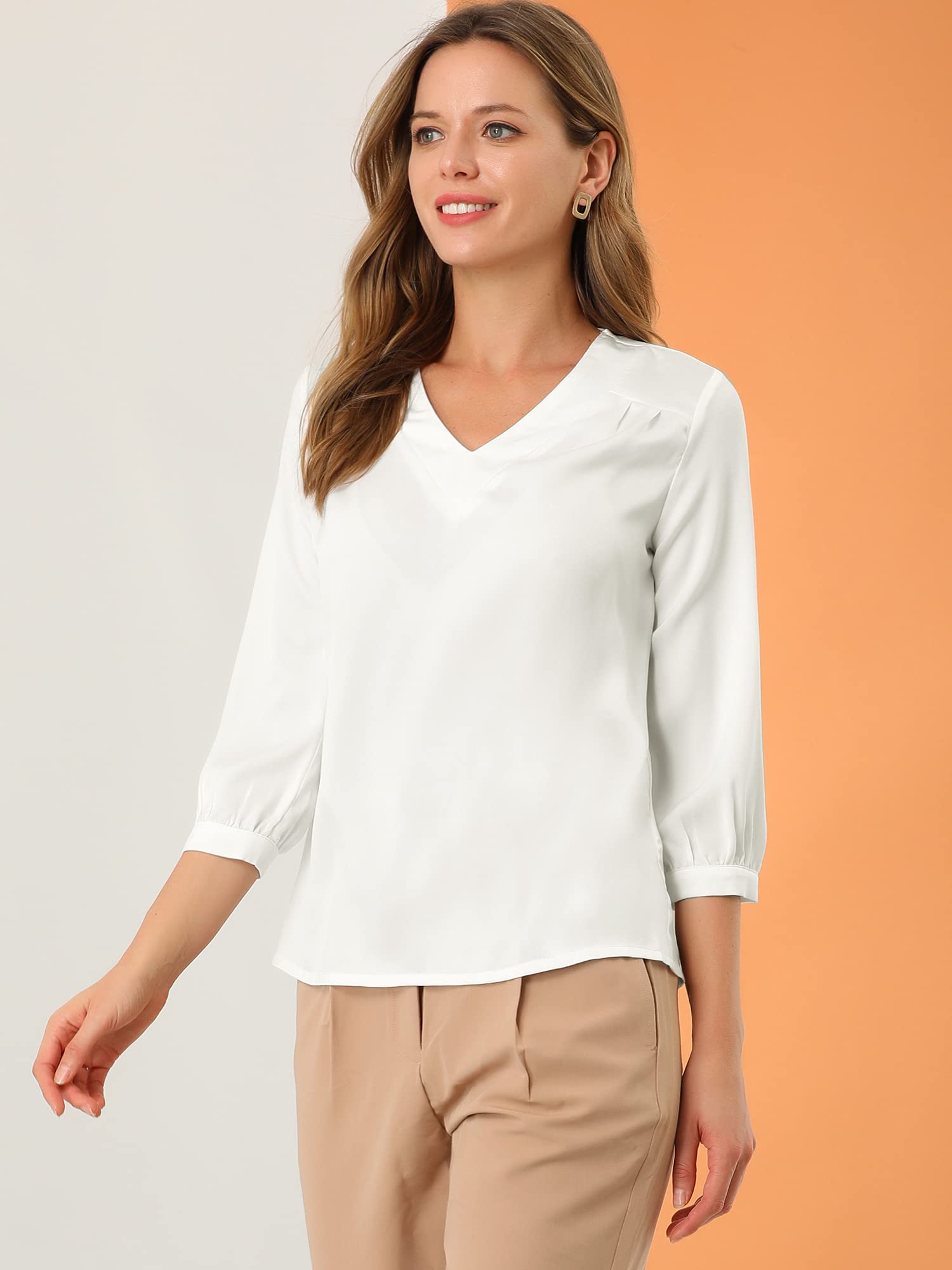 Allegra K Chemisier en satin à manches longues et col en V pour femme, blanc, Taille S