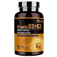 NATURE TARGET Vitamin D3 K2 5-in-1 Complex with Vitamin A, Supports Bone, Teeth, Vision & Immune Health, High-Potency 5000 IU D3, 100 mcg K2 MK-7, Easy to Swallow D3K2, 120 Capsules