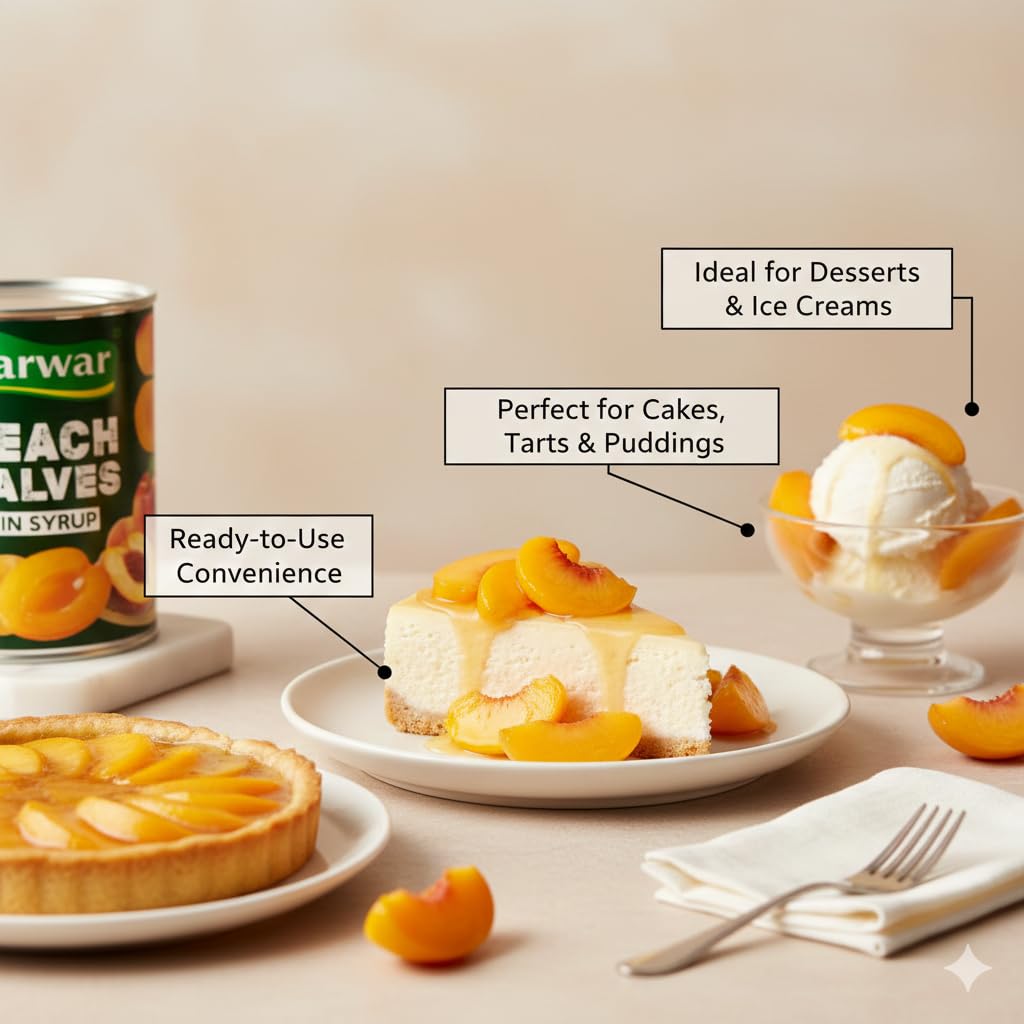 Sarwar Peach Halves 820g | Yellow Peaches in Light Syrup | Ready to Eat & Ideal for Desserts, Cakes, Fruit Salads & Smoothies 1