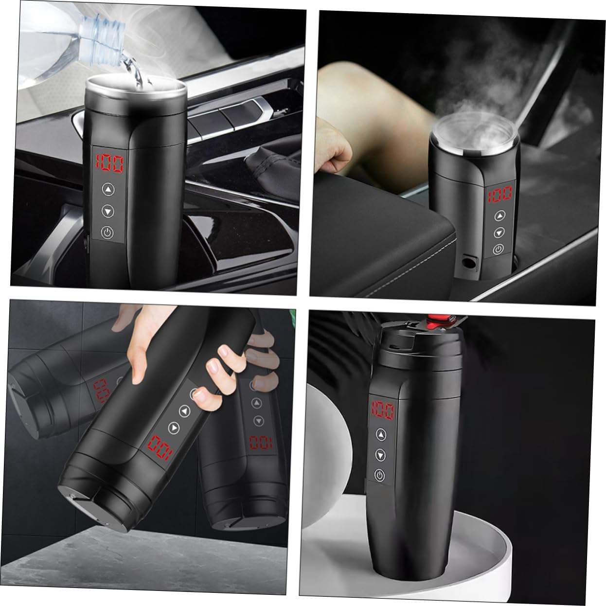 Cabilock Taza Calefactora Eléctrica para Coche 90w Pantalla de Temperatura Acero Inoxidable Negro Compatible 12v-24v para Viaje y Camping Portátil