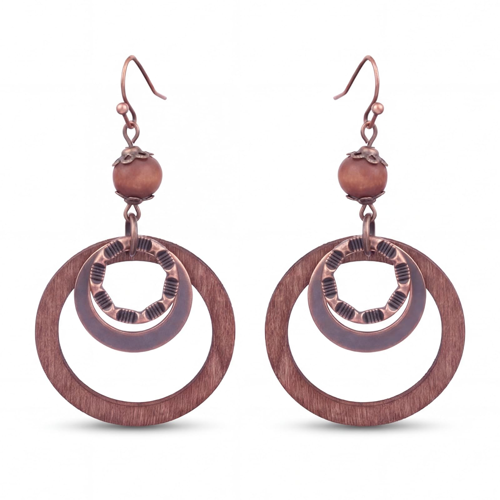 Bohemian Wooden Earrings for Women, Vintage Brown Earrings with Copper and Wood Geometric Circle Dangle, Lightweight Earthy Drop Boho Earring for Western Ethnic Style for Ladies Gift