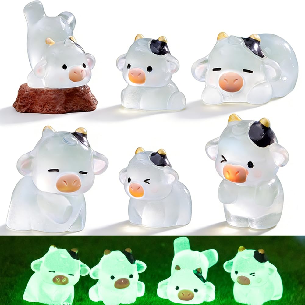 KAOVCXR 12Pcs Mini Resin Animals Cow Figurines,Luminous Animals Mini Resin Figures,Resin Animals for DIY Garden Landscape & Car Dash Decoration, Miniature Resin Figures Desktop Ornament