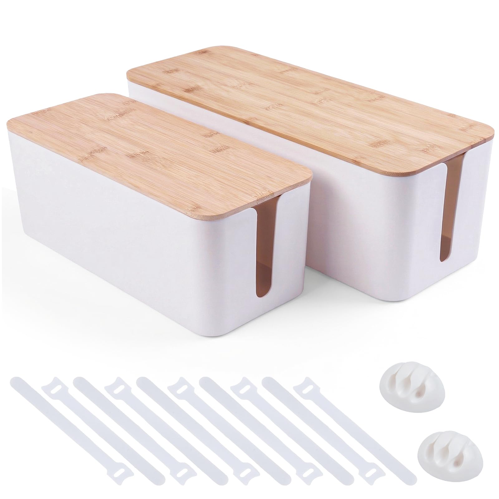 Photo 1 of 2 Pack Cable Management Box - Cord Organizer Box with Wooden Lid for TV Wires, Power Strips, Router, USB Hub & Under Desk Power: Baby & Pet Proof Cord Management, Cord Hider for Home & Office (White)