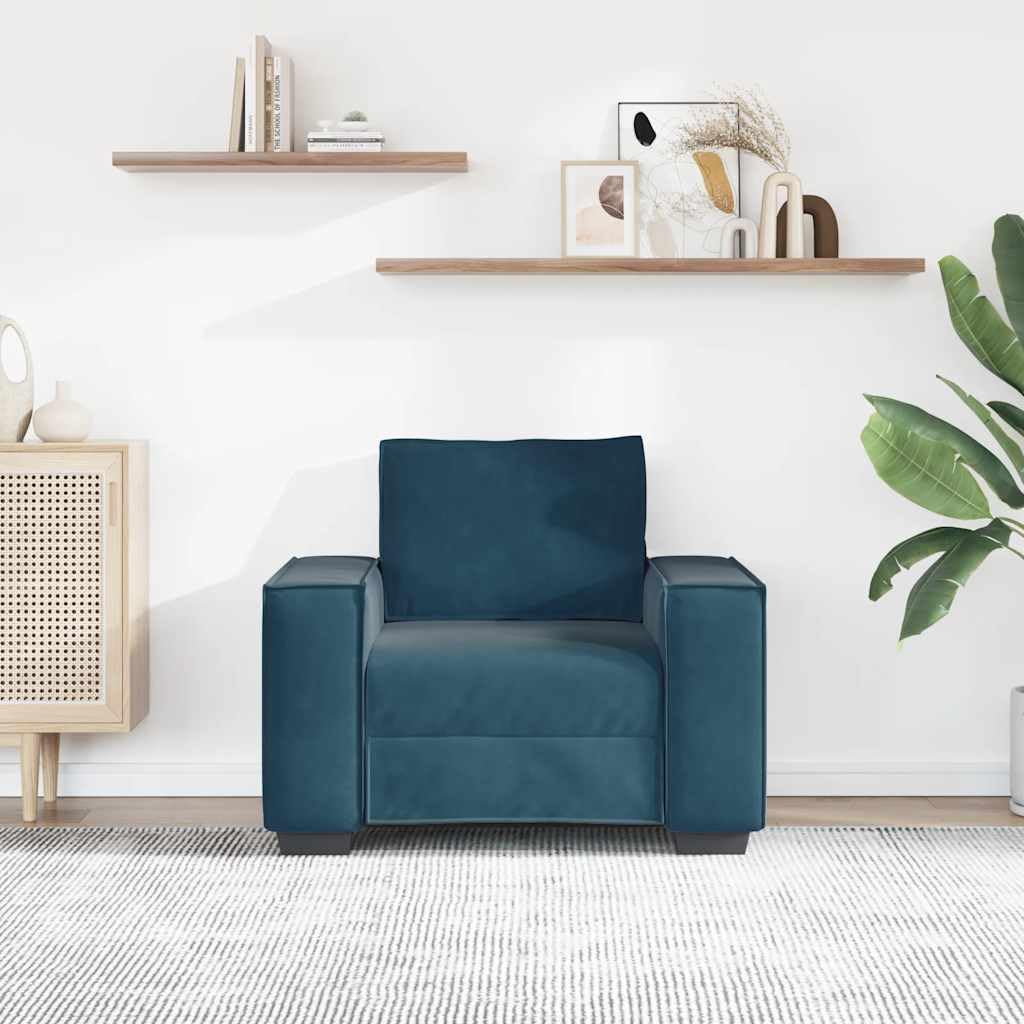 Aksamitny fotel niebieski, szerokość 60 cm, wygodny fotel tapicerowany z wytrzymałej ramy z drewna i metalu, idealny do salonu, biura, pokoju gościnnego, miękka sofa, 99 x 78 x 84 cm