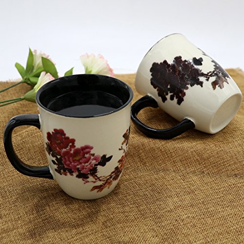 Asmwo Heat Changing Magic Porcelain Coffee Mug for Mom Gifts Funny Tea Mug 16 oz Black Change into Multi Color Peony Painting - Thumbnail 5