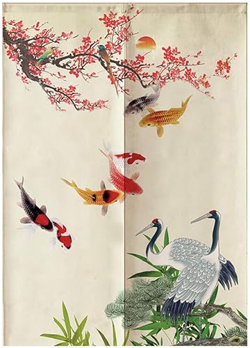 MYRU Tapiz japonés Noren para cortina (pescado y grúa, 33.5 x 59 pulgadas)