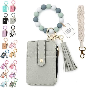 Boho Style Beaded Tassel Keychain Wallet,Womens Boho Beaded Wallet,Wristlet Bracelet Wrist Purse Flower Chain Gray