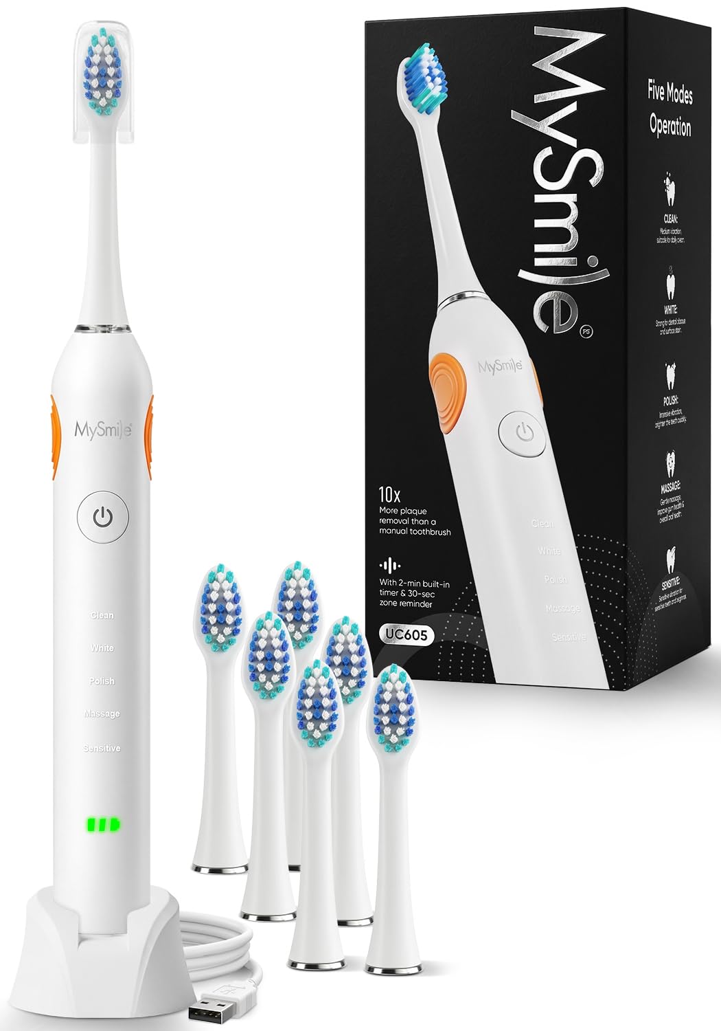 MySmile Spazzolino elettrico serie UC605, con tecnologia avanzata dello spazzolino sonico e durata della batteria ricaricabile di oltre 60 giorni, 5 modalità con SmartTimer e QuadPacer, 6 testine di