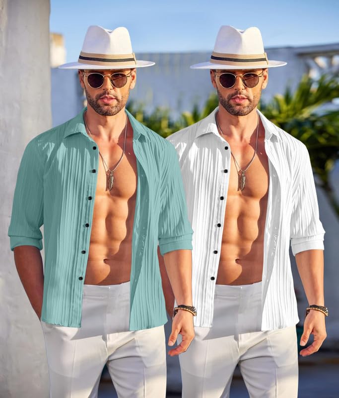 Image of FINIVO FASHION Men's Cotton Blend Shirt Set Lightweight, Full Sleeves, Plain Texture, Button Closure, Summer Ready (Pack of 2)
