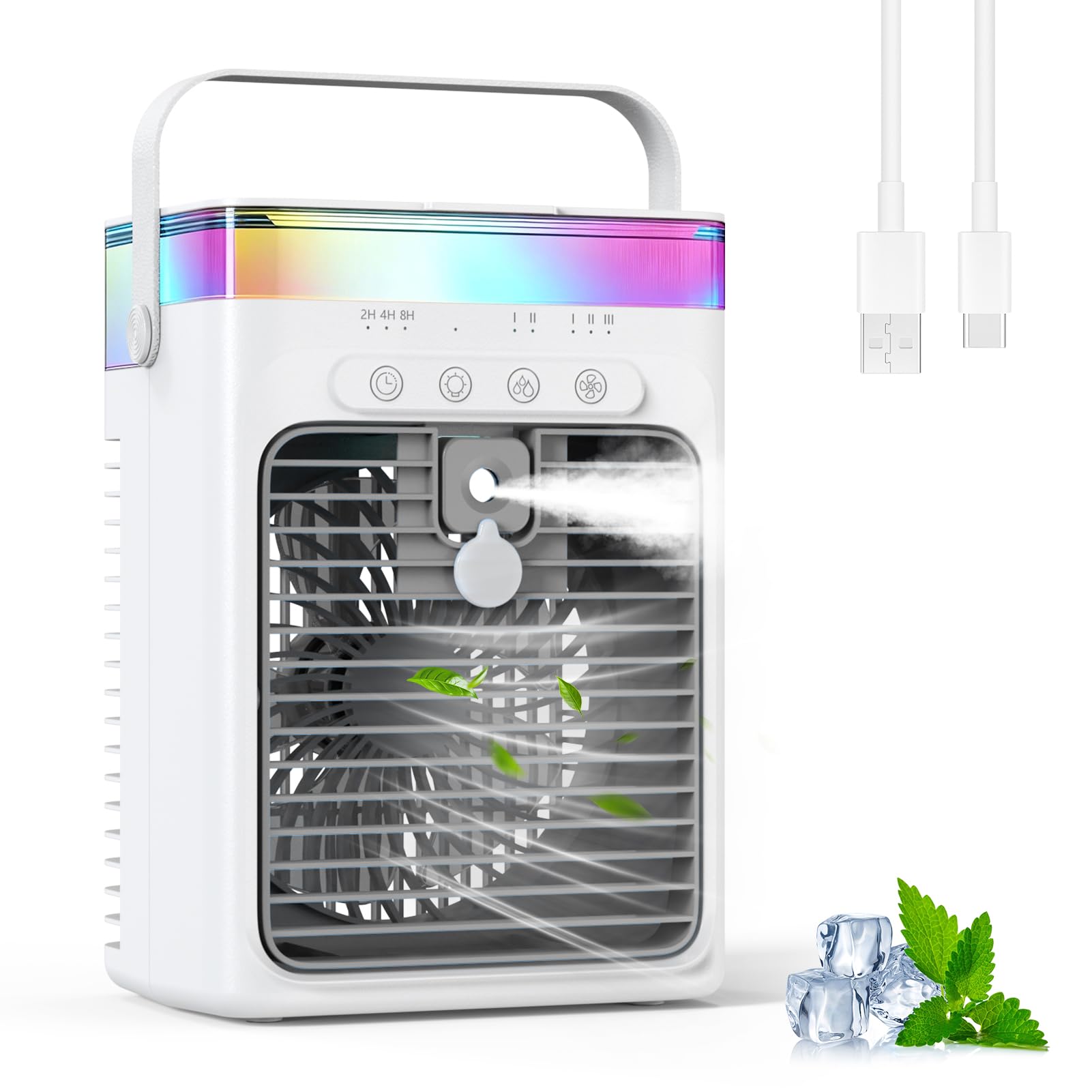 Portable Air Conditioner, 3-in-1 Evaporative Air Cooler with 3 Speeds & 2 Mist Modes, 1000ml Mini AC Unit, USB Powered Small Cooling Fan with RGB Light & Timer for Bedroom Office Desk Car